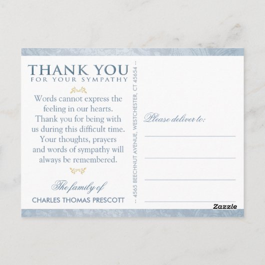 Vielen Dank Beileid Blue Floral Cross Post Card Postkarte (Rückseite)