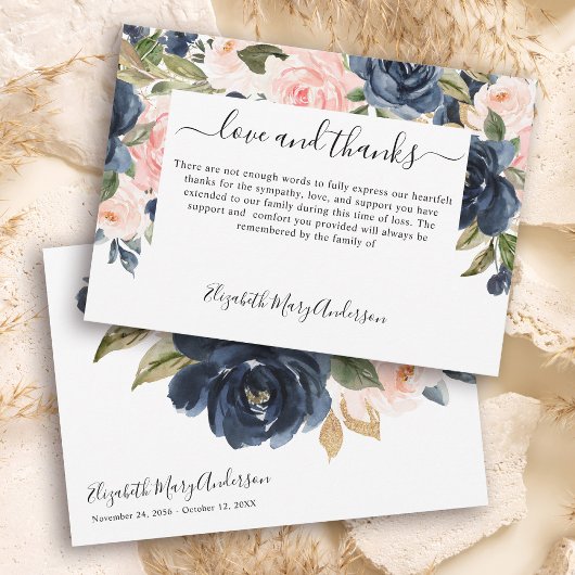 Vielen Dank Bereavement Navy Pink Floral Memorial Dankeskarte