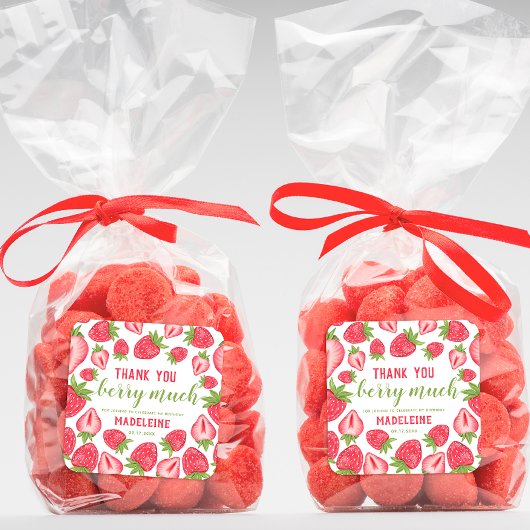Vielen Dank Berry Much Strawberry Birthday Custom  Quadratischer Aufkleber