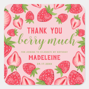 Vielen Dank, Berry Much Strawberry Birthday Pink Quadratischer Aufkleber