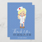 Vielen Dank Blue White Polka Dot Blonde Nurse Dankeskarte (Vorne/Hinten)