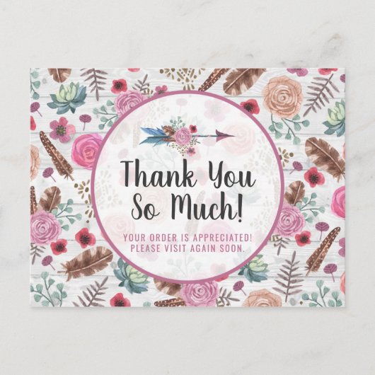 Vielen Dank Boho Chic Rustic Feather Arrow Floral Postkarte (Vorderseite)