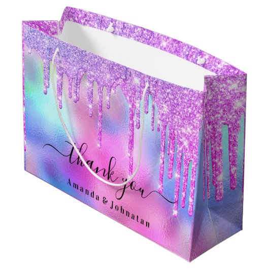 Vielen Dank Bridal Sweet16. Glitzer Holograph Trop Große Geschenktüte (Rückseite Schrägansicht)