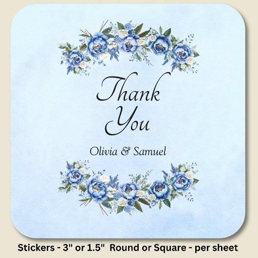 Vielen Dank & Bride & Groom Names Blue Peony Quadratischer Aufkleber