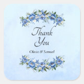 Vielen Dank & Bride & Groom Names Blue Peony Quadratischer Aufkleber (Vorderseite)