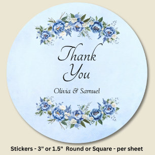 Vielen Dank & Bride & Groom Names Blue Peony Runder Aufkleber