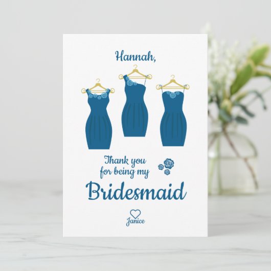 Vielen Dank Bridesmaid mit Kleider in Blue Shades Dankeskarte (Stehend Vorderseite)
