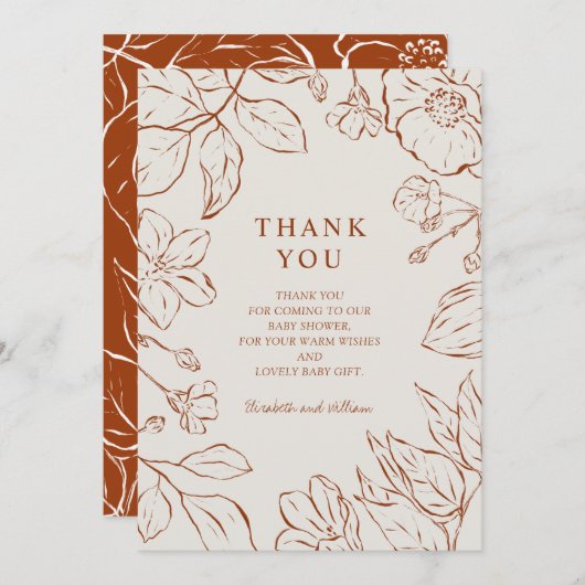 Vielen Dank Burnt Orange Botanical Baby Dusche Dankeskarte (Vorne/Hinten)