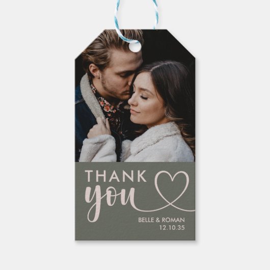 Vielen Dank, Calligraphy Green Foto Wedding Geschenkanhänger (Vorderseite)