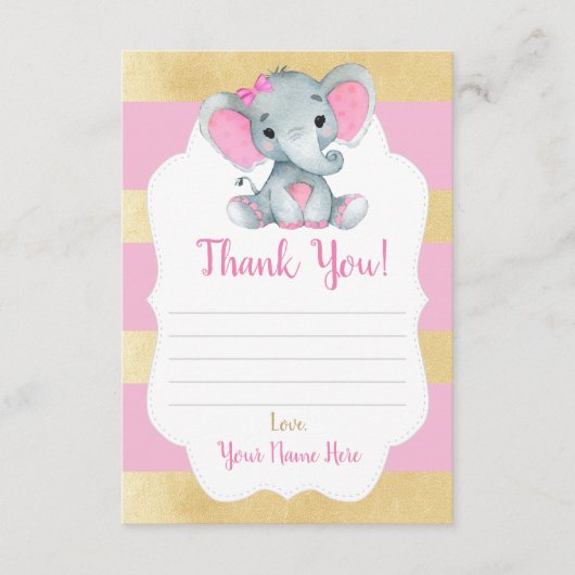 Vielen Dank Card Girl Elephant Dusche Gold Pink Begleitkarte (Vorderseite)
