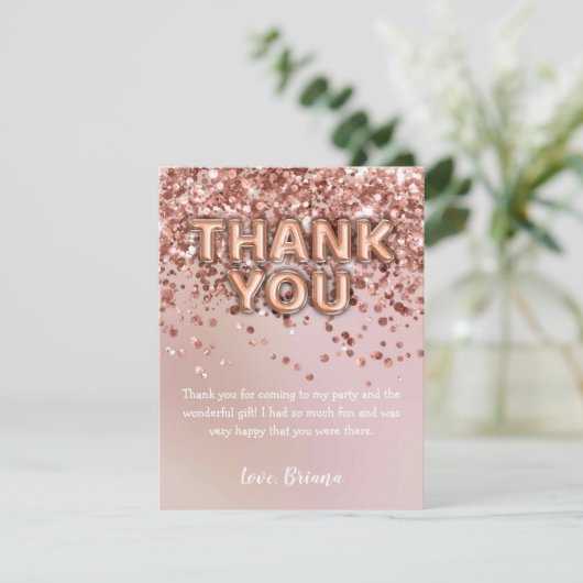 Vielen Dank Card Rose Gold Glitzer Balloons Einladung (Stehend Vorderseite)