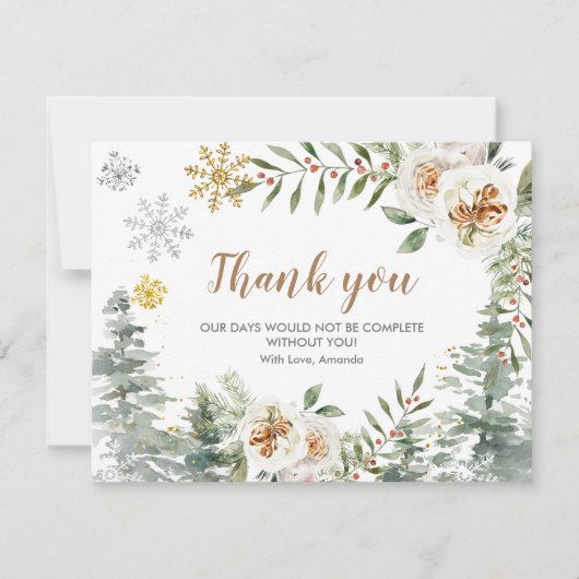 Vielen Dank Card Winter White Floral Pine Trees Go Dankeskarte (Vorderseite)