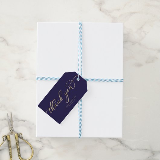 Vielen Dank - Chic Gold Script Navy Blue Wedding Geschenkanhänger (Mit Garn)