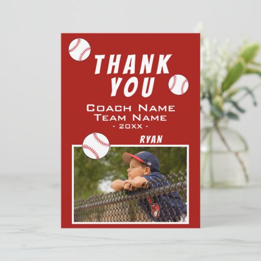 Vielen Dank Coach Red Baseball Foto-Karte Dankeskarte (Stehend Vorderseite)