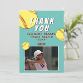 Vielen Dank Coach Yellow Softball Foto Card Dankeskarte (Stehend Vorderseite)