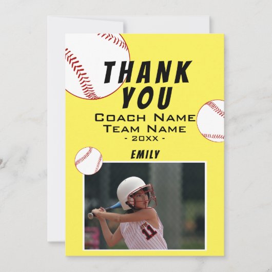 Vielen Dank Coach Yellow Softball Foto Card Dankeskarte (Vorderseite)