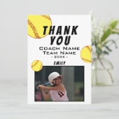 Vielen Dank Coach Yellow Softball Foto Card Dankeskarte (Stehend Vorderseite)