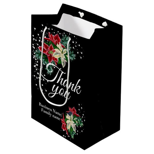 Vielen Dank Dankeschön an Poinsettia Floral Black Mittlere Geschenktüte (Vorderseite Schrägansicht)