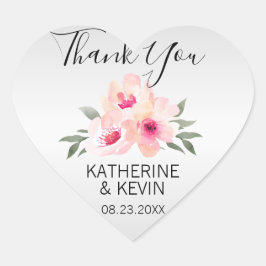 Vielen Dank, dass Sie Watercolor Floral Pink Gray  Herz-Aufkleber