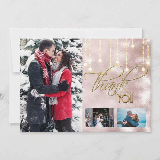 Vielen Dank, DIY 3 Foto Rose Gold-String-Lichter Dankeskarte (Vorderseite)