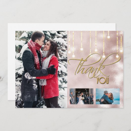 Vielen Dank, DIY 3 Foto Rose Gold-String-Lichter Dankeskarte (Vorne/Hinten)