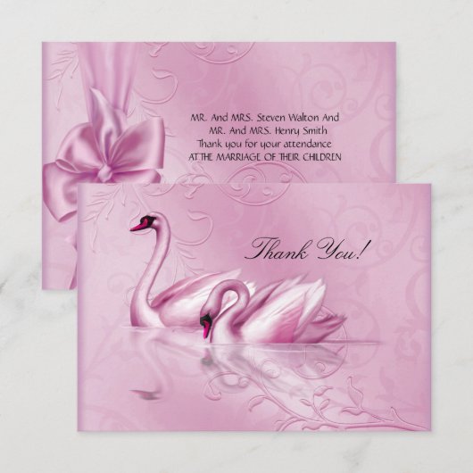 Vielen Dank Elegant Wedding Pink Swans Einladung (Vorne/Hinten)