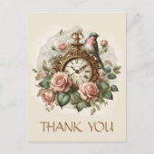 Vielen Dank Elegante Rose Blumen Antique Clock Bir Postkarte (Vorderseite)