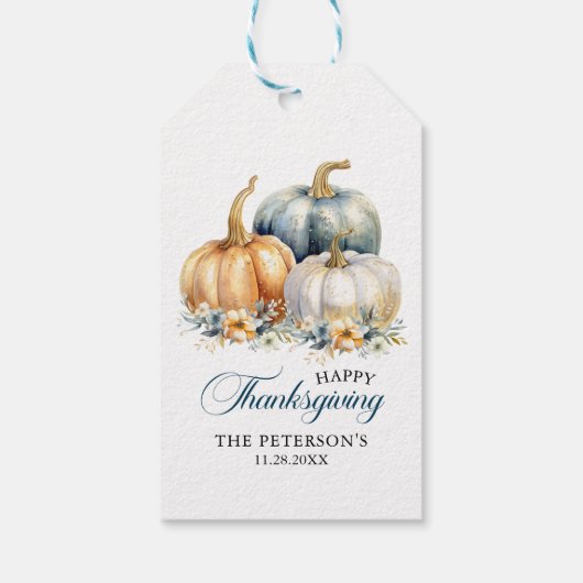 Vielen Dank Erntedank Blue Orange Gold Pumpkins Geschenkanhänger (Rückseite)