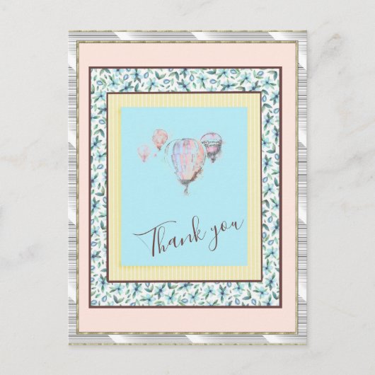 Vielen Dank Floral Blue Balloon Spark Silver Postkarte (Vorderseite)