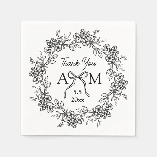 Vielen Dank florale Monogramm Hochzeit schwarz-wei Serviette (Vorderseite)
