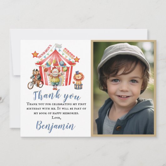 Vielen Dank Foto Boy Circus Karneval Thema Geburts Dankeskarte (Vorderseite)