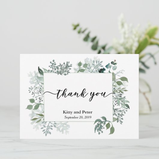 Vielen Dank Foto Wedding Blätter Grüne Moderne Dankeskarte (Stehend Vorderseite)