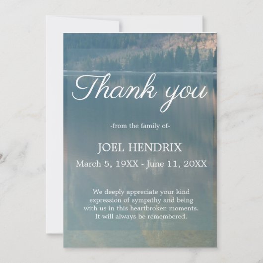 Vielen Dank Funerbital Blue Lake Beileid Gkurze Ca Einladung (Vorderseite)