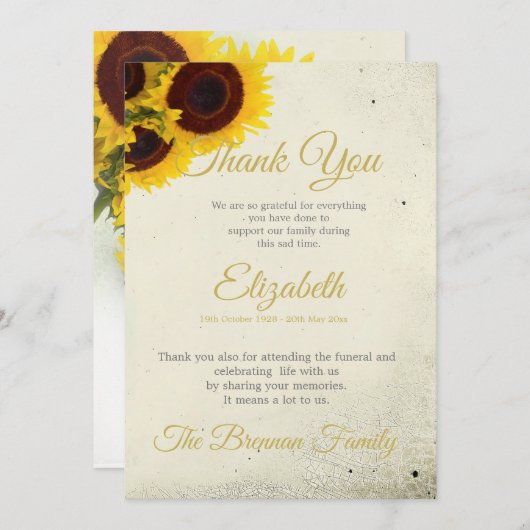Vielen Dank für die Beerdigung Memorial Foto Sunfl Dankeskarte (Vorne/Hinten)