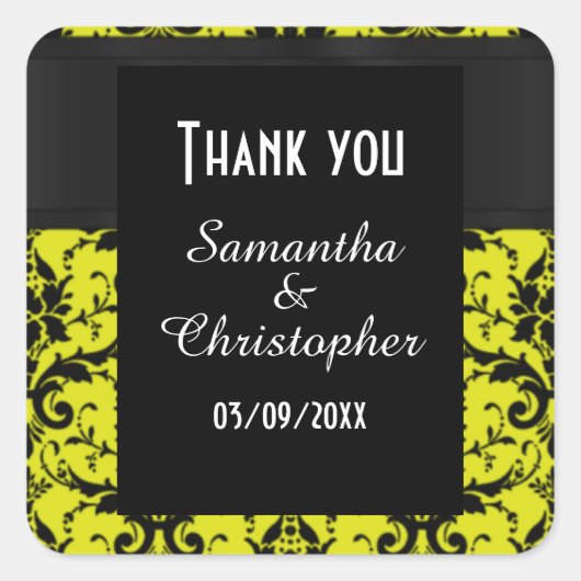 Vielen Dank für die gelbe und schwarze Damaskus Quadratischer Aufkleber (Vorderseite)