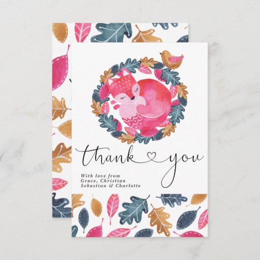 Vielen Dank für Ihr Woodland Sleeping Fox Bird und Dankeskarte (Vorne/Hinten)