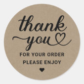 Vielen Dank für Ihre Bestellung Heart Script Kraft Runder Aufkleber (Vorderseite)