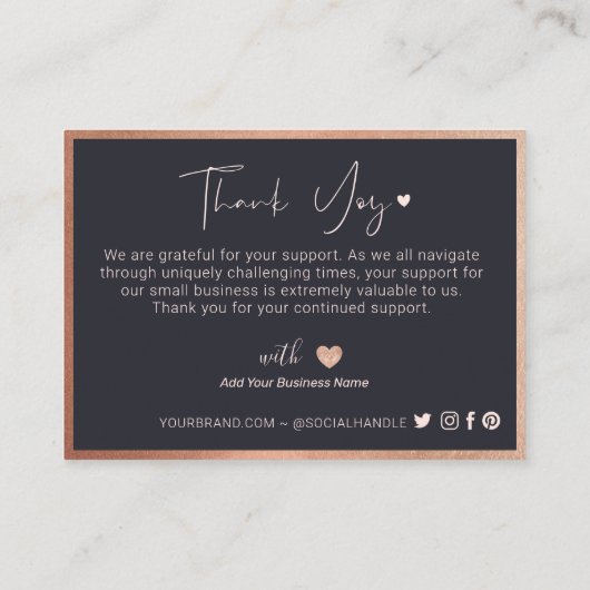 Vielen Dank für Ihre Business-Rose Gold Heart Pink Treuekarte (Rückseite)