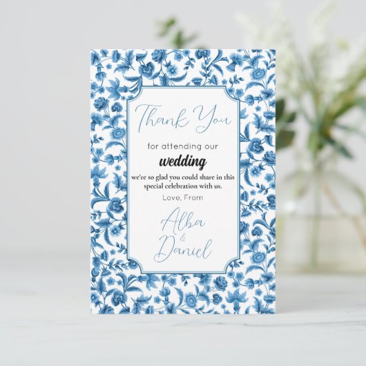 Vielen Dank für Ihre Hochzeit Chintz Blue & White  Dankeskarte (Stehend Vorderseite)