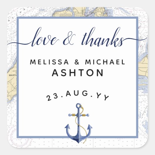 Vielen Dank für Ihre Nautical Chart Anchor Hochzei Quadratischer Aufkleber (Vorderseite)