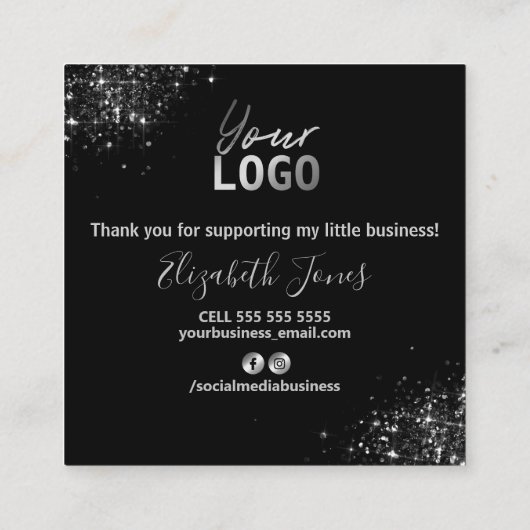 Vielen Dank für Ihren Kauf Black Silver Glitzer Quadratische Visitenkarte (Rückseite)