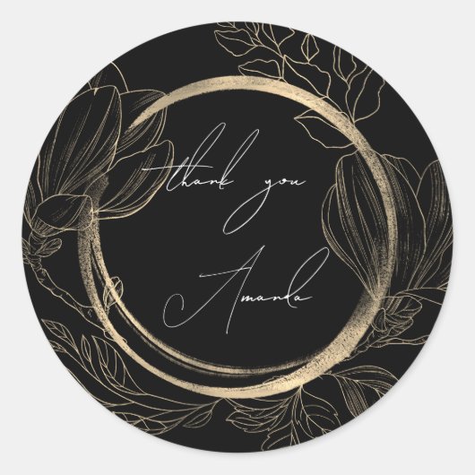Vielen Dank für Ihren Namen Floral Schwarz-weiß Go Runder Aufkleber (Vorderseite)