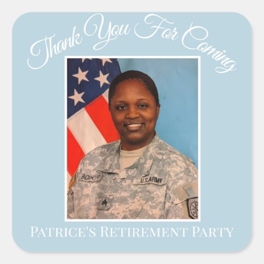 Vielen Dank für Patrice's Pensionierung Blue Quadratischer Aufkleber (Vorderseite)