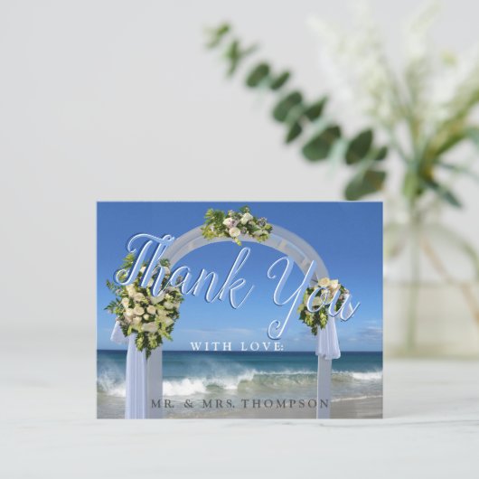 Vielen Dank für unsere Hochzeit am Strand Postkarte (Stehend Vorderseite)