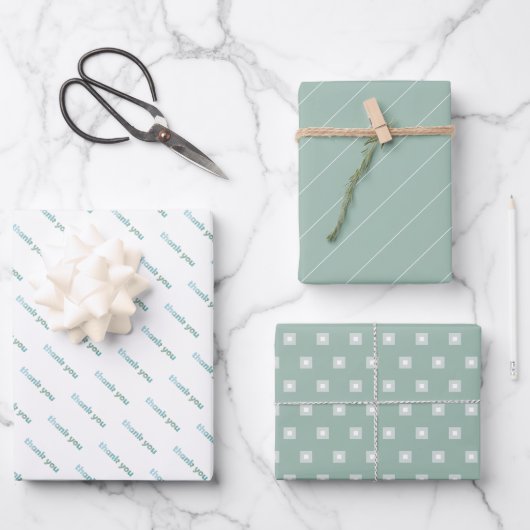 Vielen Dank Geometric Muster Sage Green Pastel Geschenkpapier Set (Vorderseite)