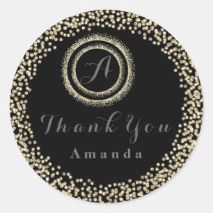 Vielen Dank Glitzer Monogram 16. Black Gold Bridal Runder Aufkleber