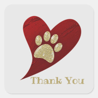Vielen Dank Gold Paw Print Red Heart Wertschätzung Quadratischer Aufkleber