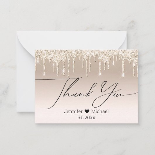 Vielen Dank, Goldluxus tropfende Glitzer Hochzeit Mitteilungskarte (Vorderseite)