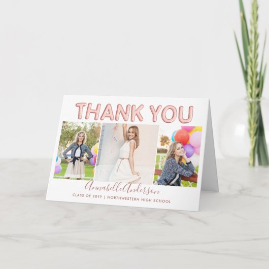 Vielen Dank Graduate Rose Gold 3 Foto Abschluss Dankeskarte (Vorderseite)
