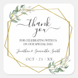 Vielen Dank grüne goldene geometrische Hochzeit Quadratischer Aufkleber